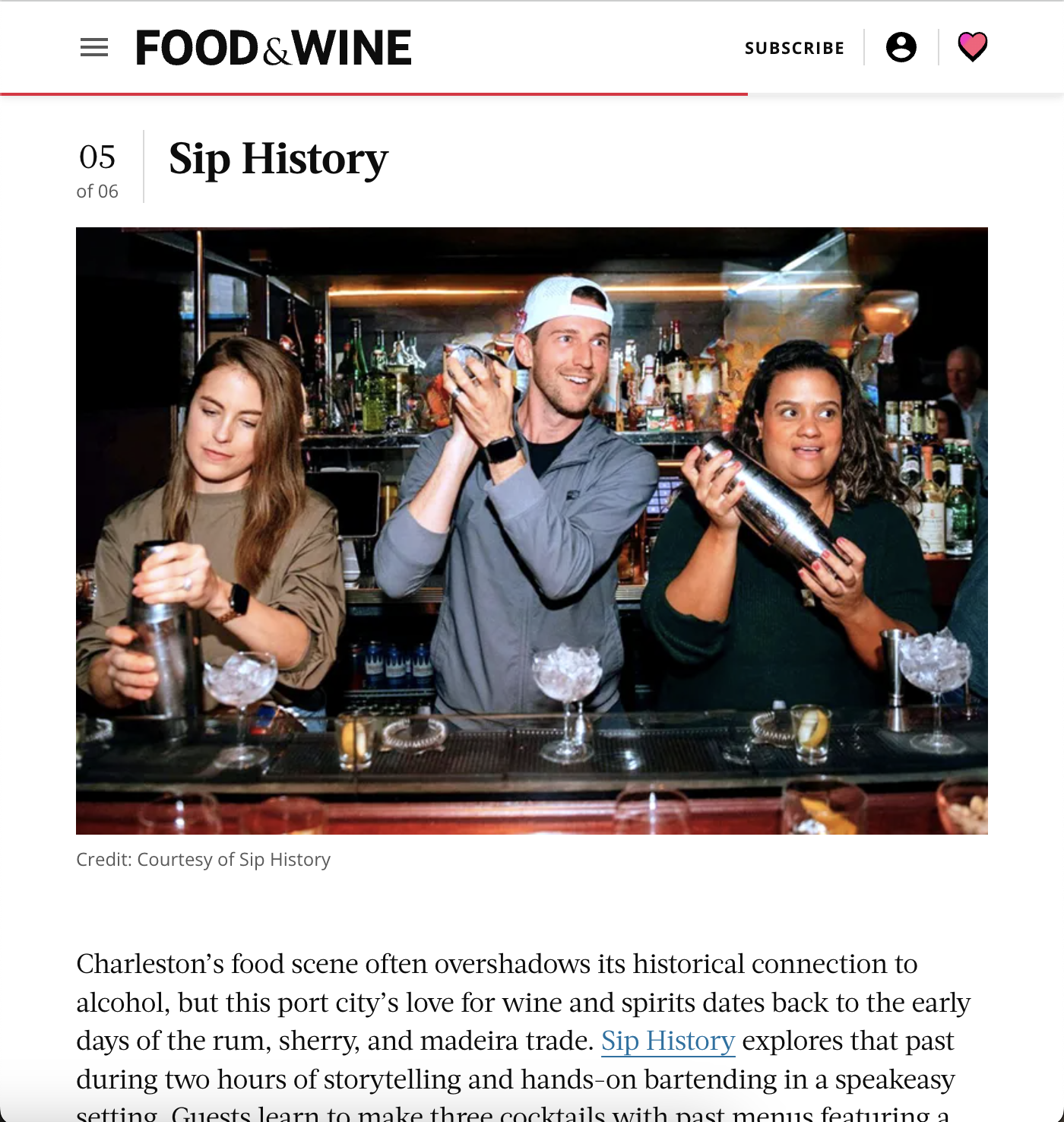 Food & Wine Magazine article about Sip History